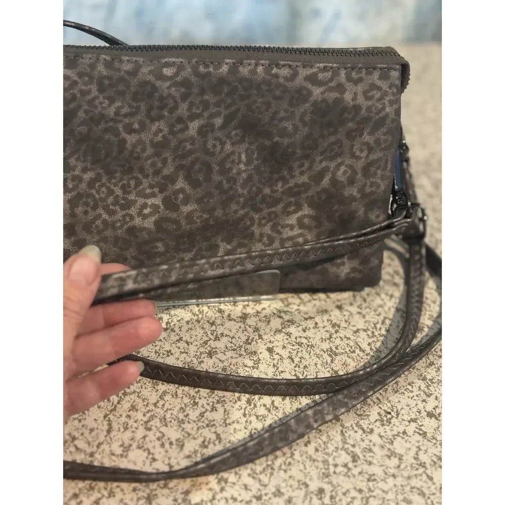 Gray Silver Cheetah Leopard Animal Print Faux Leather Crossbody Bag Purse EUC